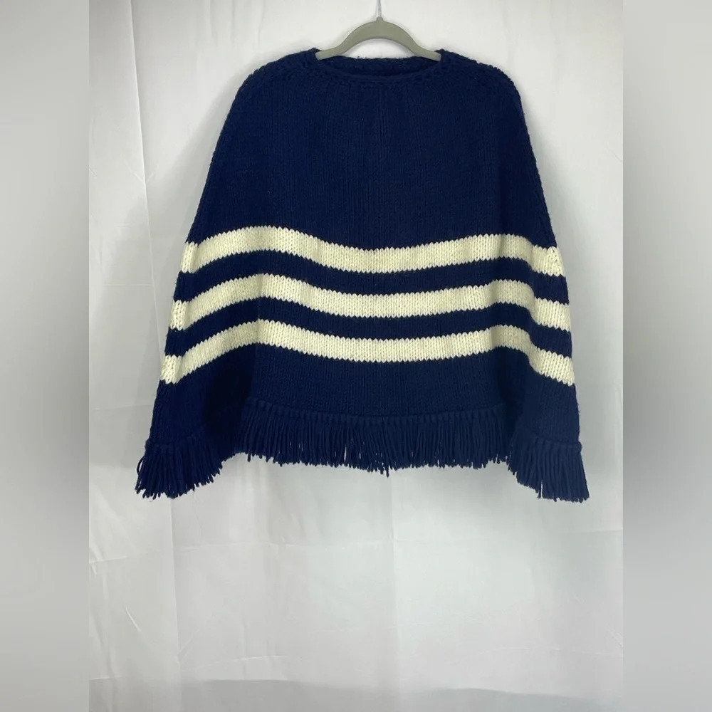 Blue/White Striped Handknit Very Bulky PONCHO CAPE - Nautical Beachy Look- Heavy